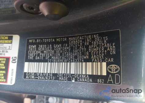 2015 Toyota Corolla Le from USA, damaged, VIN 2T1BURHE8FC463374